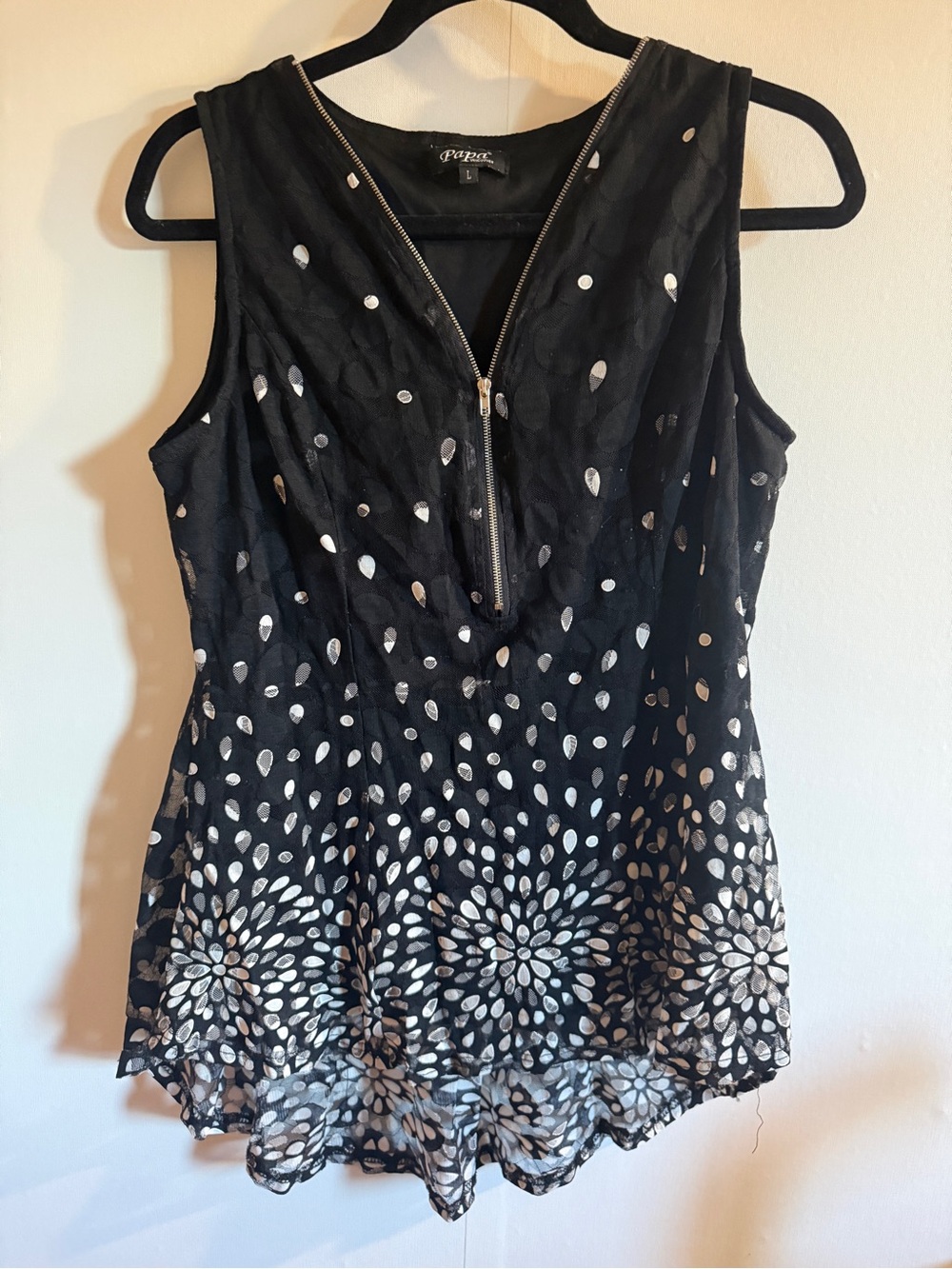 Papa Vancouver Black Burnout Polka Dot Zip Tunic Top L Artsy Boho